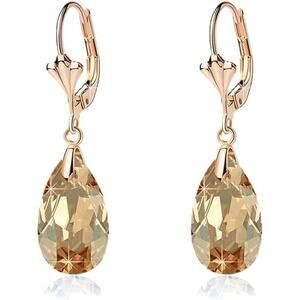14K Gold Plated Austrian Crystal Teardrop Leverback Dangle Earrings for Women